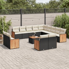 14 pcs conjunto de sofás p/ jardim c/ almofadões vime PE preto