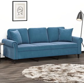 Sofá 3 lugares c/ almofadas decorativas 180 cm veludo azul