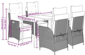 5 pcs conjunto de jantar p/ jardim c/ almofadões vime PE preto