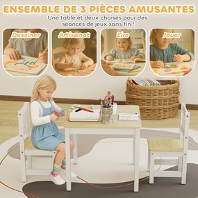 Mesa infantil com cadeira, conjunto composto por uma mesa e duas cadeiras infantis em madeira para desenhar, brincar e estudar, 56 x 52 x 48 cm, natur