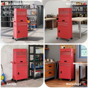 Carrinho de Ferramentas com 6 Gavetas Rodas Painel Lateral Perfurado e Caixa de Ferramentas Desmontável 60,5x33,5x131 cm Vermelho