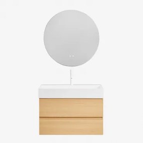 Conjunto De Móvel De Casa De Banho Em Madeira E Chapa De Freixo Com Lavatório Integrado Ona Madeira Natural & Redondo Led E - Sklum