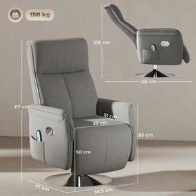 Poltrona de Massagem com Apoio para os Pés Poltrona Relax Reclinável até 135° com 10 Pontos de Massagem 68,5x84x110cm Cinza