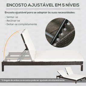 Outsunny Conjunto de Espreguiçadeiras Exterior de Vime 2 Lugares com Almofadas Acolchoadas Resistente à Água com Encosto Ajustável em 5 Níveis Suporta 220kg 195x120x28cm Marrom e Branco Creme