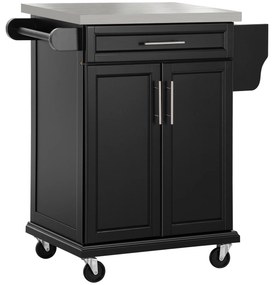 HOMCOM Mesa de Cozinha mesa auxiliar com rodízios ilha central de cozinha com tampo de aço inox, prateleira ajustável, gaveta, porta-temperos, porta-facas e porta-toalhas, 83,5 x 45,7 x 90,5 cm, preto | Aosom Portugal