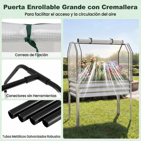 Floreira elevada com estufa 112 x 55 x 152 cm, canteiro de jardim em metal galvanizado com cobertura de proteção e porta enrolável para pátio, terraço