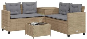 Sofá de jardim forma de L c/ mesa e almofadões vime PE bege