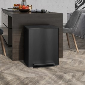 Caixote do lixo de cozinha com 2 compartimentos de 2 x 25 L, aço inoxidável, tampa com fecho suave, 47,7 x 37,5 x 56 cm, preto