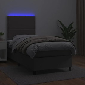 Cama box spring c/ colchão/LED 90x190 cm couro artificial cinza