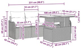 Sofá de Jardim Modular de 6 Peças com Almofadas Cinza em Poli Rattan