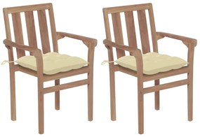 Cadeiras de jardim c/ almofadões branco creme 2 pcs teca maciça