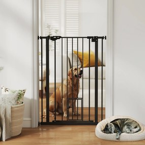 Barreira de segurança para animais com 104 cm de altura com porta para gatos, fecho automático e sistema de dupla travagem, ajustável de 74 a 80 cm, e