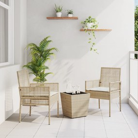 Conjunto de bistrô de jardim vidaXL com 3 peças e almofadas Bege em Rattan Poliéster