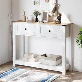 Mesa consola 106 x 30 x 81,5 cm com 2 gavetas e prateleira aberta, estreita, para hall de entrada, corredor ou sala de estar, branca
