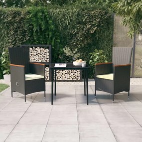 3 pcs conjunto de jantar para jardim com almofadões preto