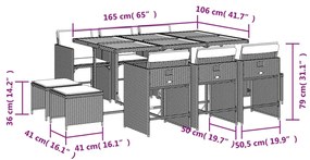 11 pcs conjunto jantar p/ jardim c/ almofadões vime PE cinzento