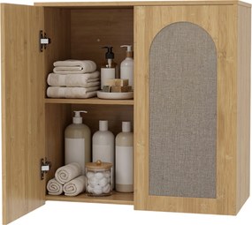 Armário de parede para casa de banho em estilo boémio 60 (L) x 30 (P) x 60 (A) cm, com 2 portas com efeito de rattan e fecho suave, e prateleira ajust