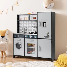 Cozinha de brincar em madeira 91 x 30 x 102 cm com máquina de gelo, fogão, máquina de lavar, forno, micro-ondas, sons e luzes reais para crianças com