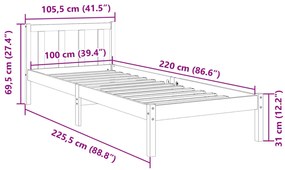 Cama extra longa sem colchão 100x220 cm pinho maciço branco