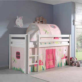 Conjunto Cama alta de Criança PINO 90 x 200 cm + estrado + escada + cortina + túnel Primavera Branca