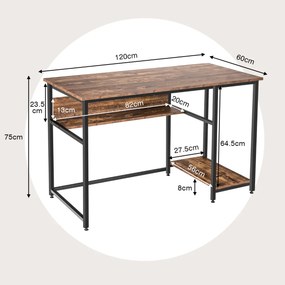 Secretária para computador com prateleira aberta e suporte para CPU Mesa de trabalho para PC com estrutura de metal para Casa Escritório 120 x 60 x 75 cm Castanho