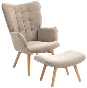 HOMCOM Poltrona de Acento com Puff Poltrona Relaxante em Cordão Poltrona de Braço com Pernas de Madeira para Sala de Estar Bege Claro | Aosom Portugal