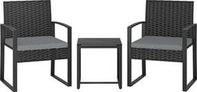 Outsunny Conjunto de Móveis de Exterior de 3 Peças em Vime PE com Cadeiras Mesa de Vidro Temperado e Almofadas Cinza Claro | Aosom Portugal