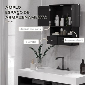 Armário de Parede para Casa de Banho com 2 Portas Prateleira Aberta e 2 Gavetas Estilo Moderno 50,8x17,8x66 cm Preto