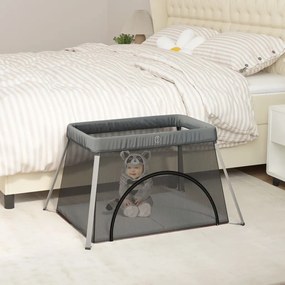 vidaXL Parque para bebés com colchão tecido de linho cinzento-escuro