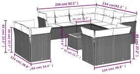 12 pcs conjunto sofás p/ jardim c/ almofadões vime PE cinzento