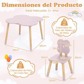 Conjunto de Mesa desenho Flor e Atividades em Madeira e 2 Cadeiras Crianças em Pinho Maciço para Crianças a partir dos 3 Anos, em Rosa e Natural