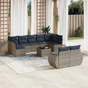 vidaXL 10 pcs conjunto sofás p/ jardim c/ almofadões vime PE cinzento