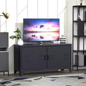Móvel de televisão em Metal 119 (L) x 40 (P) x 63,5 (A) cm , design industrial, 2 armários com 2 prateleiras ajustáveis, passadores de cabos e estrutu