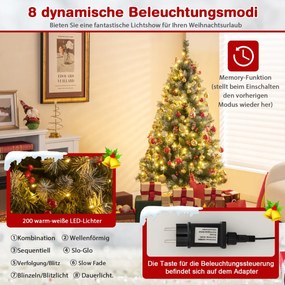 Árvore de Natal artificial de 195 cm com luzes, neve, pinhas e frutas vermelhas