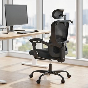 Cadeira de escritório ergonómica em malha com apoio para a cabeça ajustável, apoio lombar, 64 x 64 x 124 cm, preta