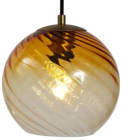 Candeeiro suspenso bronze com vidro fumado âmbar e verde redondo 4 luzes - Bao Art Deco