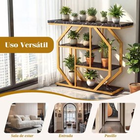 Mesa Consola Moderna 4 Níveis 100 x 29,5 x 80 cm Estrutura Metálica com Prateleiras e Superfície imitação Mármore Preto e Dourado