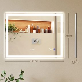 Espelho de Casa de Banho LED Bluetooth, 90 x 3,5 x 70 cm, Antiembaciamento, Prateado