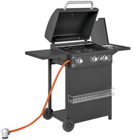 Outsunny Barbecue a Gás com 3+1 Queimadores 8,5 kW Termómetro Mesa Lateral Grelha Recolhedor de Gordura 2 Rodas 123x57x98 cm Preto