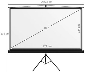 Tela de Projeção Manual com Suporte 100 Polegadas Portátil Formato 16:9 com Altura Ajustável 235,8x8x136 cm Branco e Preto