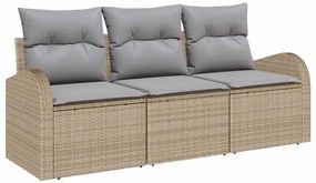 Conjunto de Sofá de Jardim 3 Peças com Almofadas Bege em Rattan Sintét