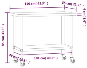 Mesa de trabalho de cozinha c/ rodas 110x55x85cm aço inoxidável