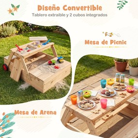 Caixa de areia infantil de madeira 3 em 1 com guarda-sol ajustável, mesa de piquenique, bancos, 2 compartimentos ocultos e rodas para uso no exterior