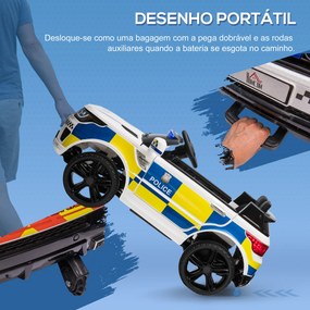 Carro Elétrico para Crianças Carro Elétrico Infantil de Policia 12V com Bluetooth USB Luz Sirene 110x68x52 cm  Branco