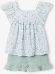 Conjunto de calções e top em gaze de algodão, para menina verde-salva