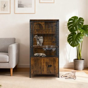 Gaiola moderna para gatos 60 x 60 x 125 cm com torre multinível com estrutura metálica Orifícios Porta com fechadura Almofadas ajustáveis Castanho