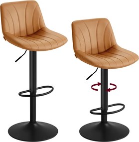 Conjunto 2 bancos bar com encosto e assento giratório 46,5 x 43 x (88-108) cm em couro sintético PU castanho caramelo