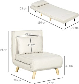 Sofá Cama Individual Poltrona Cama Dobrável Estofada em Linho Sintético com Encosto Ajustável em 6 Posições 72x78x79 cm Creme