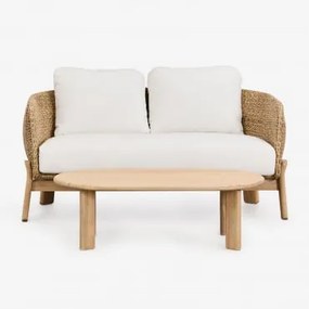 Conjunto De Sala De Estar Leilan Com Sofá De 2 Lugares E Mesa De Centro Em Madeira De Acácia E Rattan Marrom Acácia Claro - Sklum