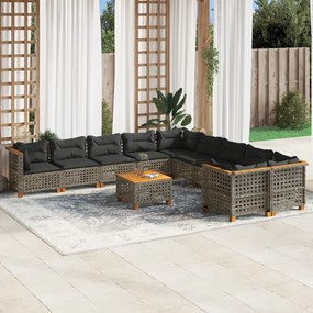 11 pcs conjunto sofás de jardim c/ almofadões vime PE cinzento